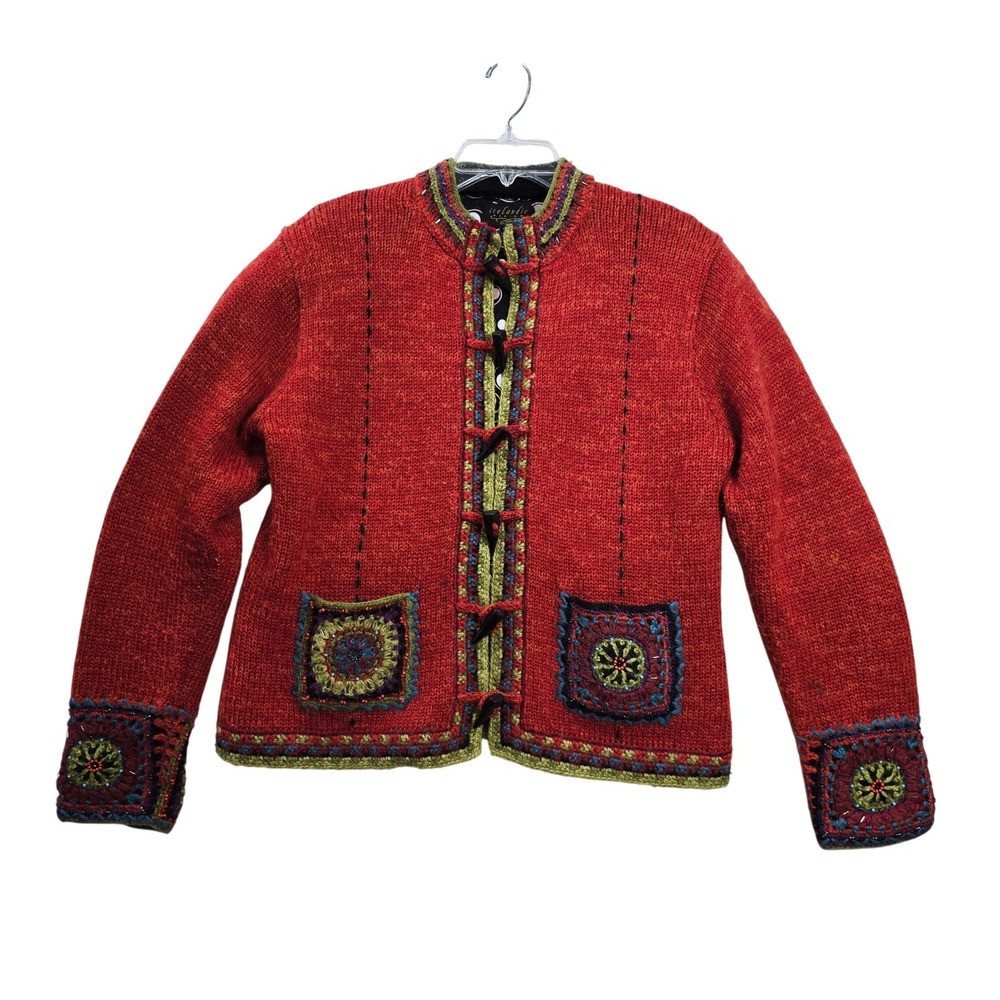 Icelandic Design Wool Alpaca Mohair Womens M Beaded Nordic Boho Crochet Sweater